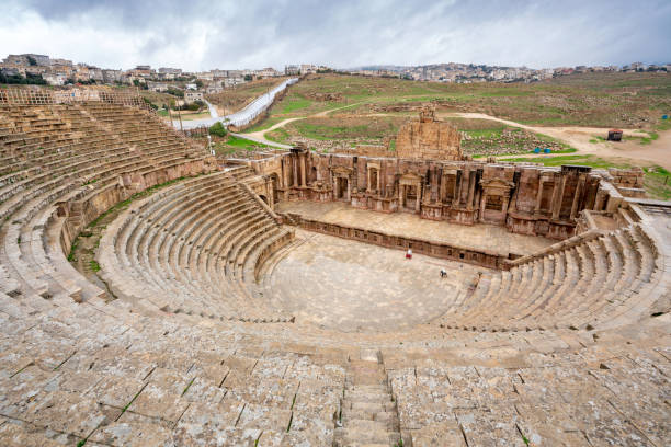 roman theater / amphitheater ruins of jerash after rain, jordan
